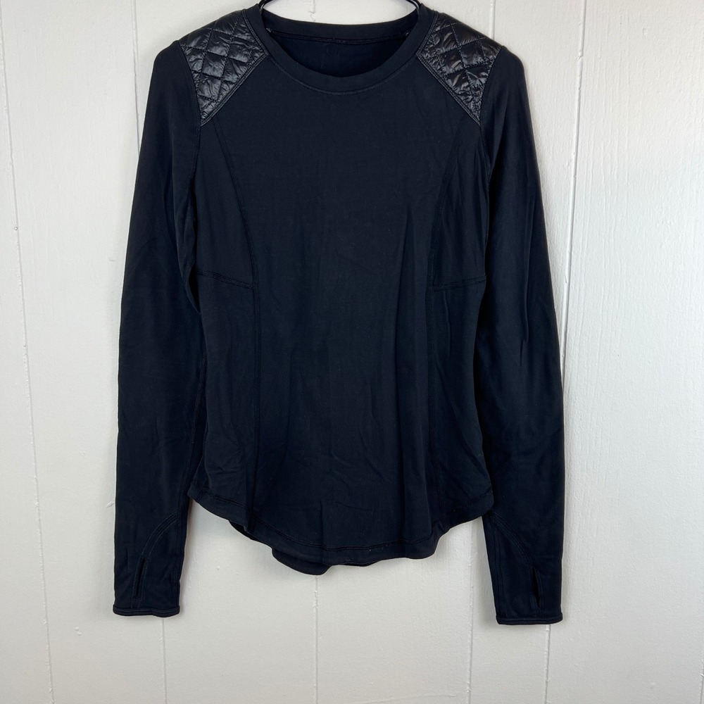 Lululemon Womens‎ Quilted Shoulder Top Size 4 Black Elbow Patch Long Sleeve